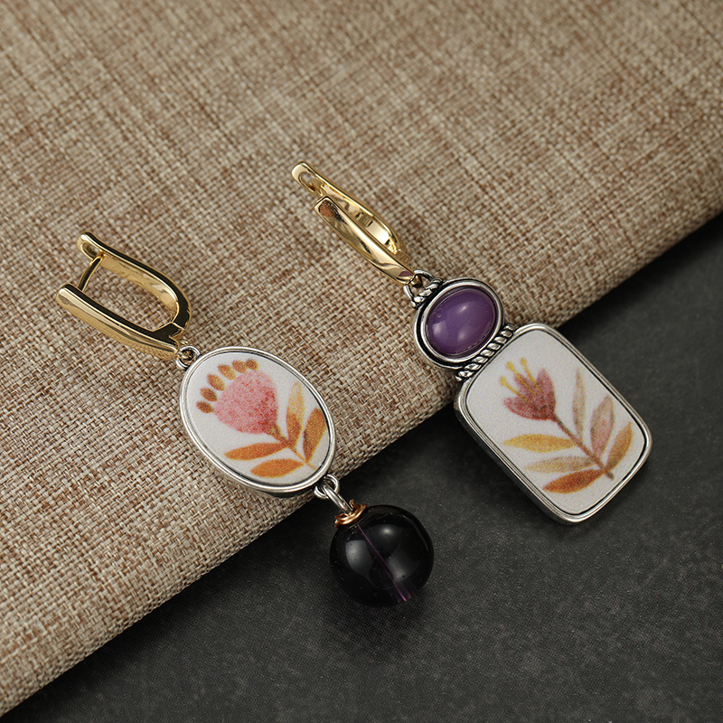 Boho Asymmetric Floral Print Dangle Earrings